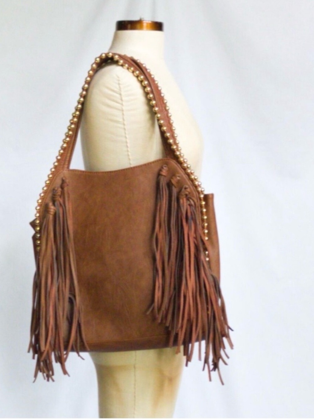 Big Buddha Brown Fringe Shoulder Bag with Gold Studs